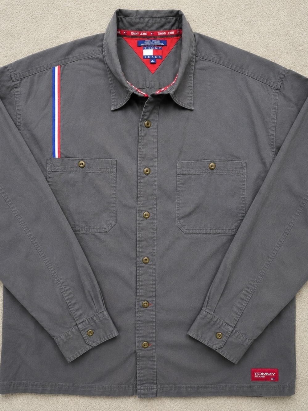 Vintage Tommy Hilfiger Tommy Jeans Y2K Button Up Shirt XL Gray Stripe Logo Work